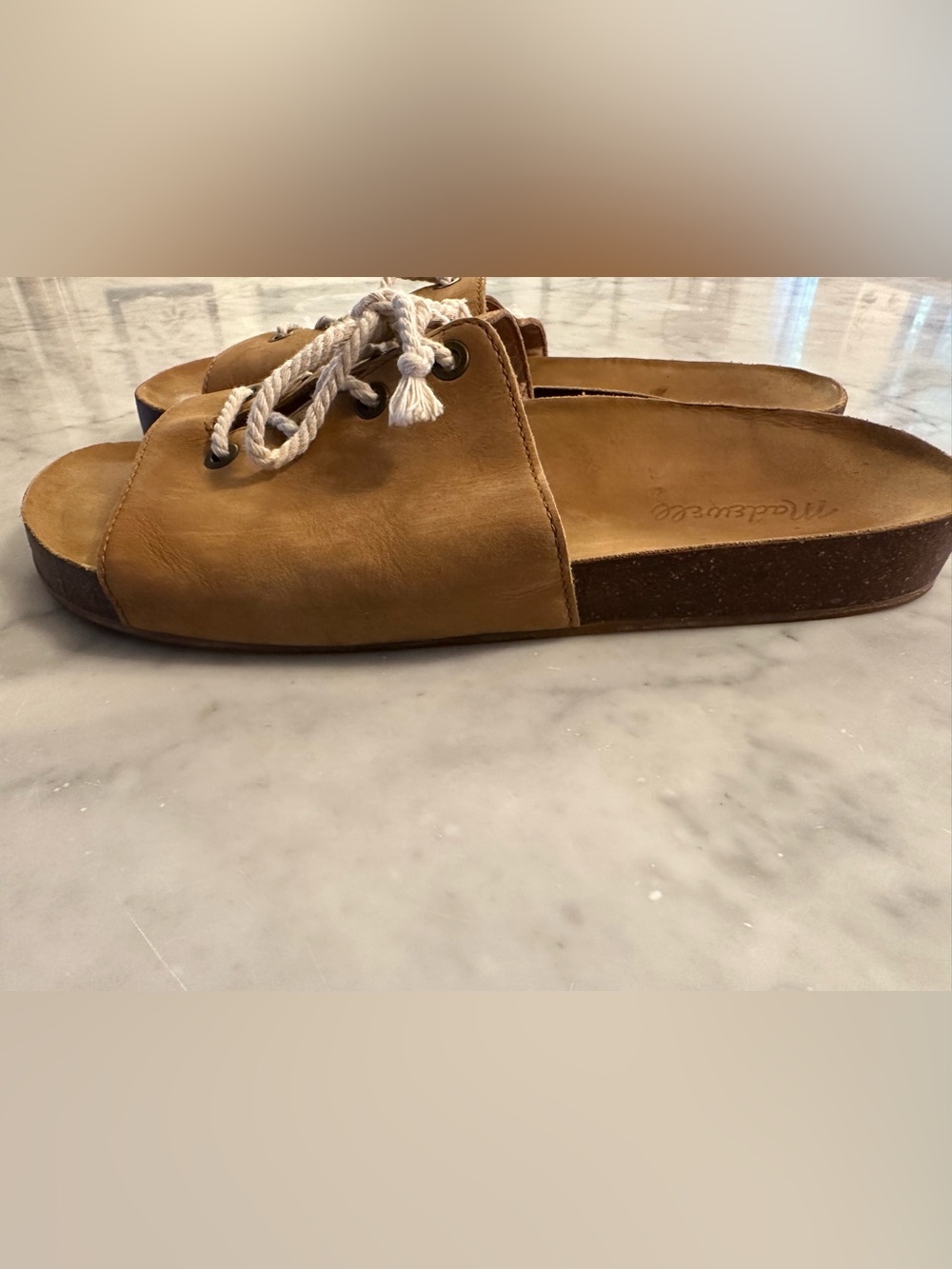 MADEWELL Aileen Slide Sandals Tan Leather & White Rope Laces Sz 9 Retail $98 EUC - Picture 3 of 5